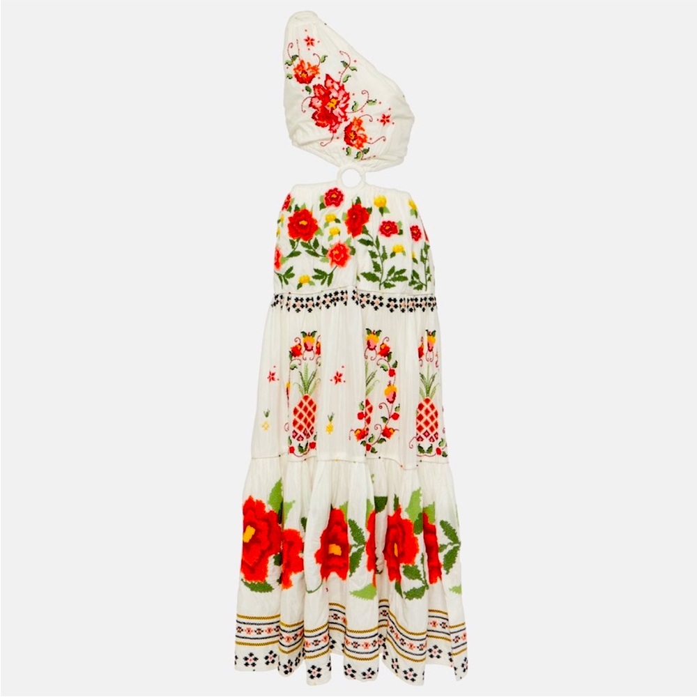 FARM RIO Embroidered Carmina Floral Off-White One Shoulder Maxi Dress🌸🌺🌹🌷